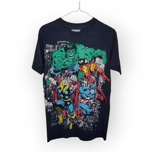 Vintage Y2k Marvel Avengers comic full color graphic tee shirt navy size small